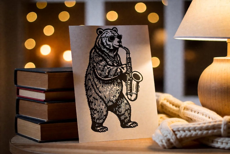 Handmade bear linocut print — Jazz Bear Linocut Print — A5 wall art by Peter Gedeon