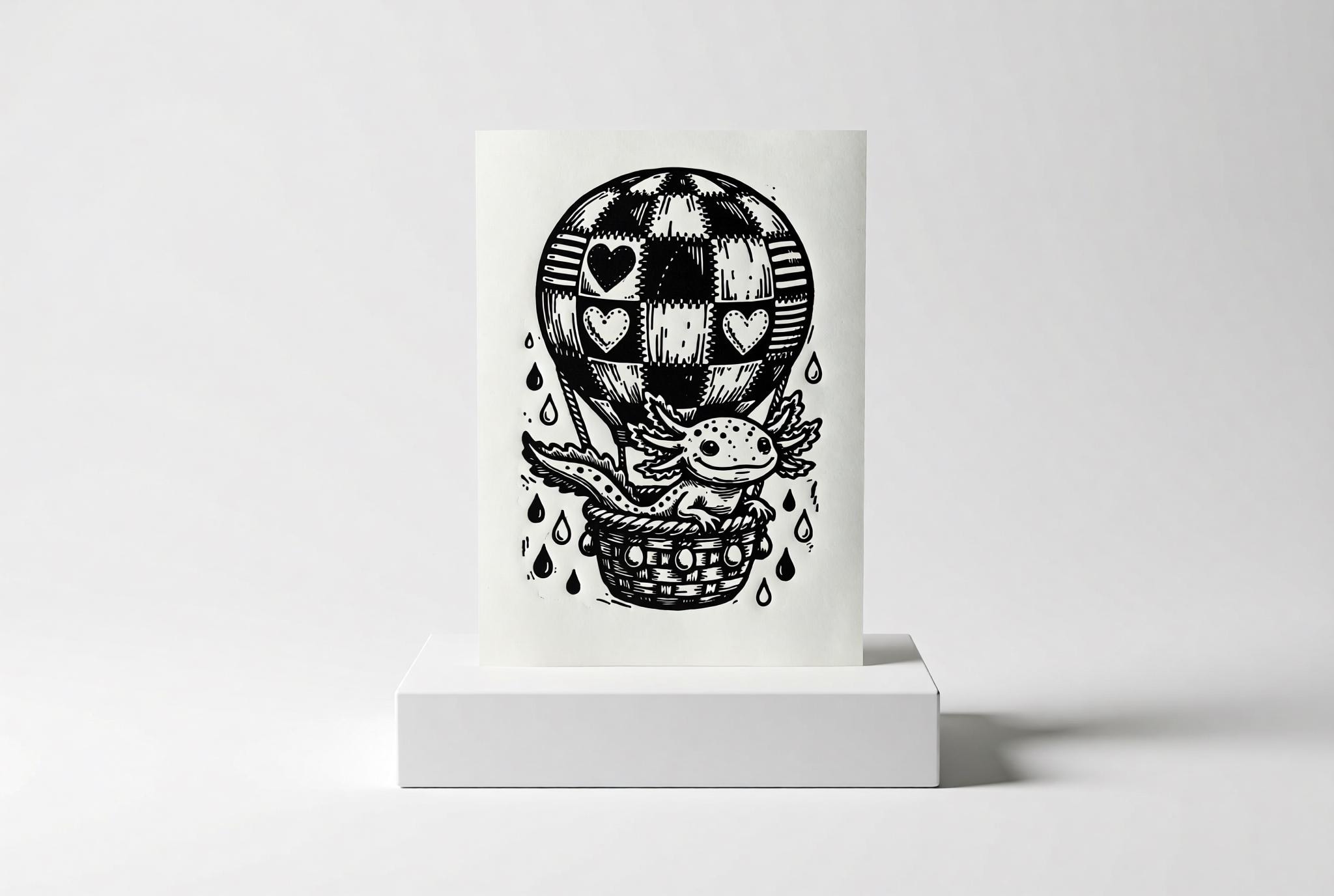 Original linocut print Axolotl Hot Air Balloon Linocut Print — ink texture and paper detail view