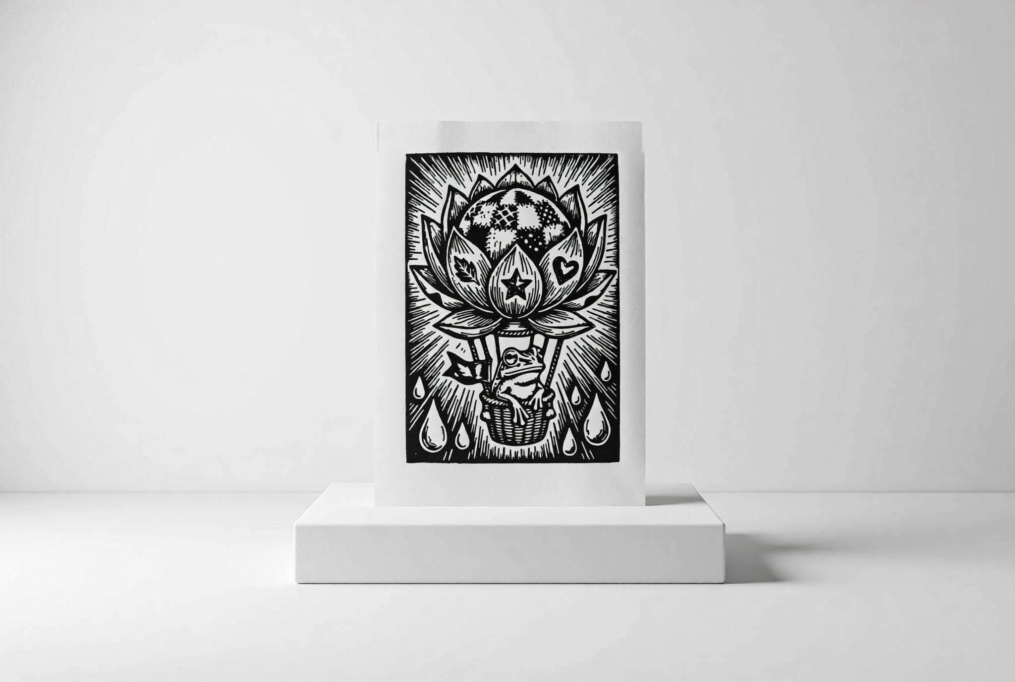 Original linocut print Frog Hot Air Balloon Linocut Print — ink texture and paper detail view