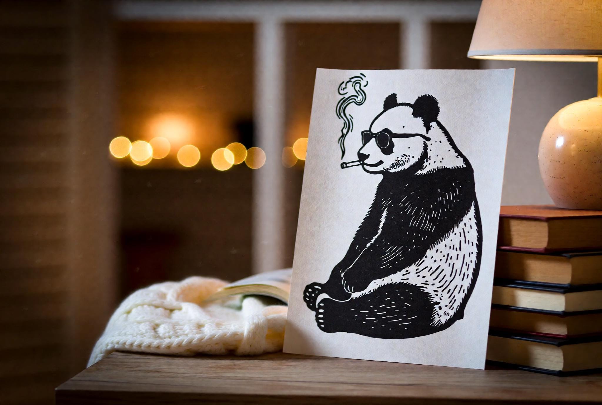 Handmade linocut print of a panda wearing sunglasses sitting calmly with a curl of smoke rising