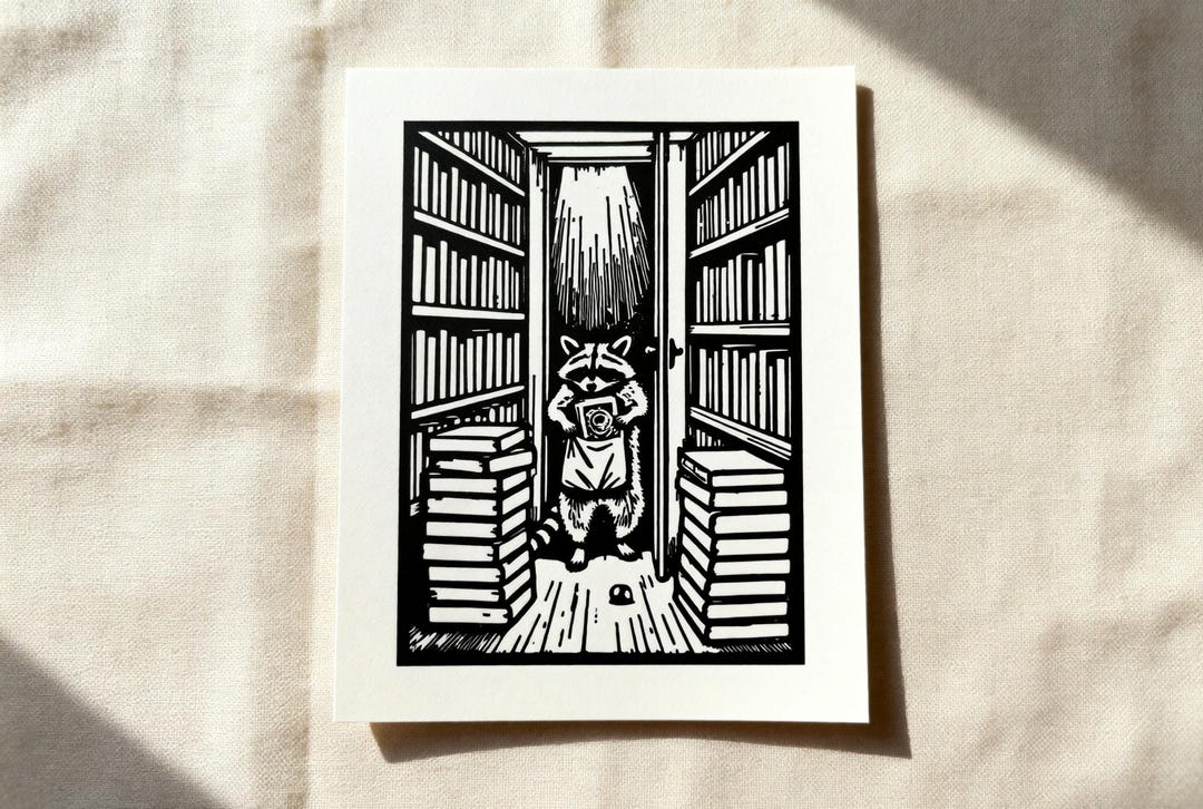 Linocut Library Raccoon Book Bandit Linocut Print, A5 Library Wall Art - Etsy