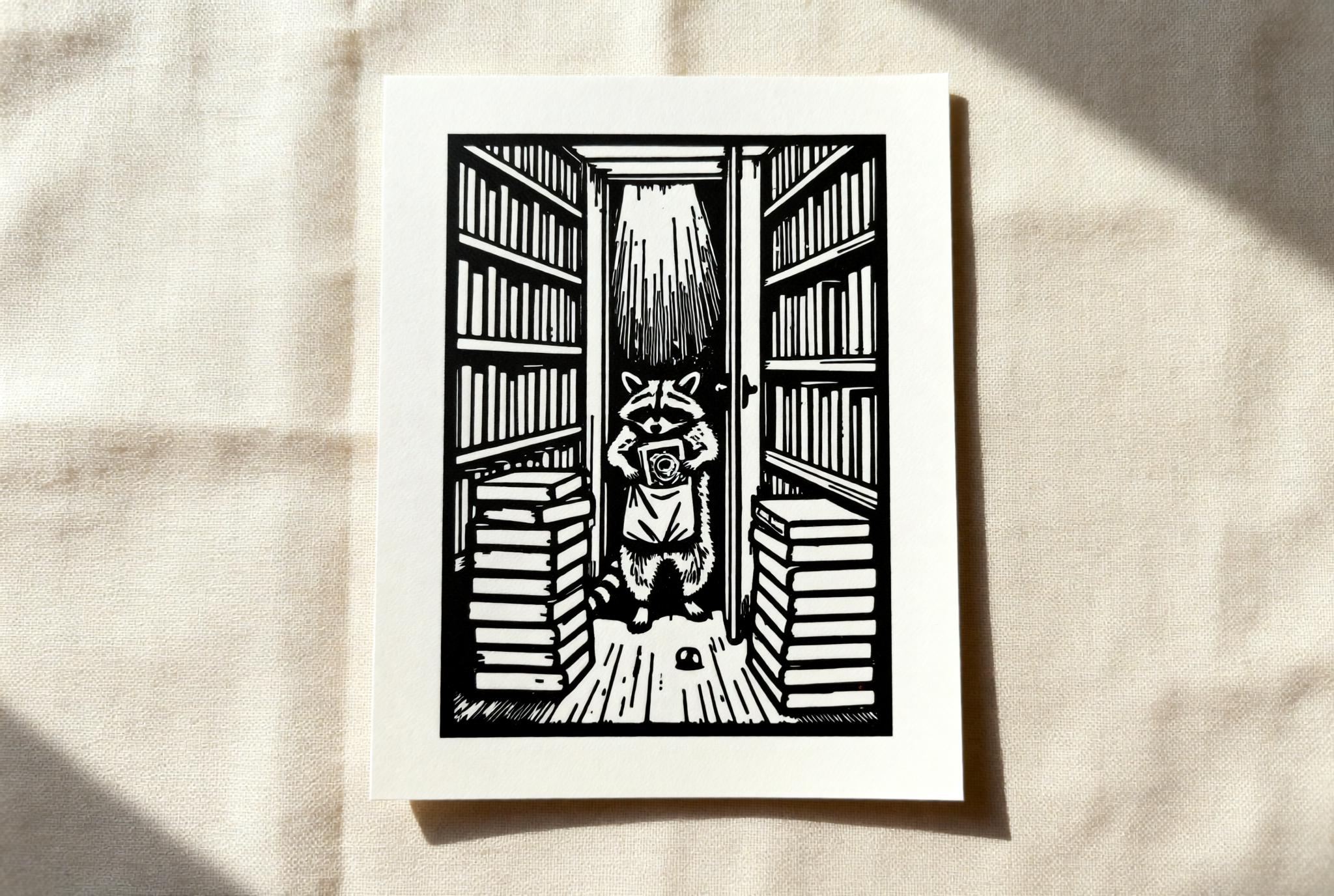 Handmade linocut print of a raccoon sneaking through a library holding a book, surrounded by towering bookshelves