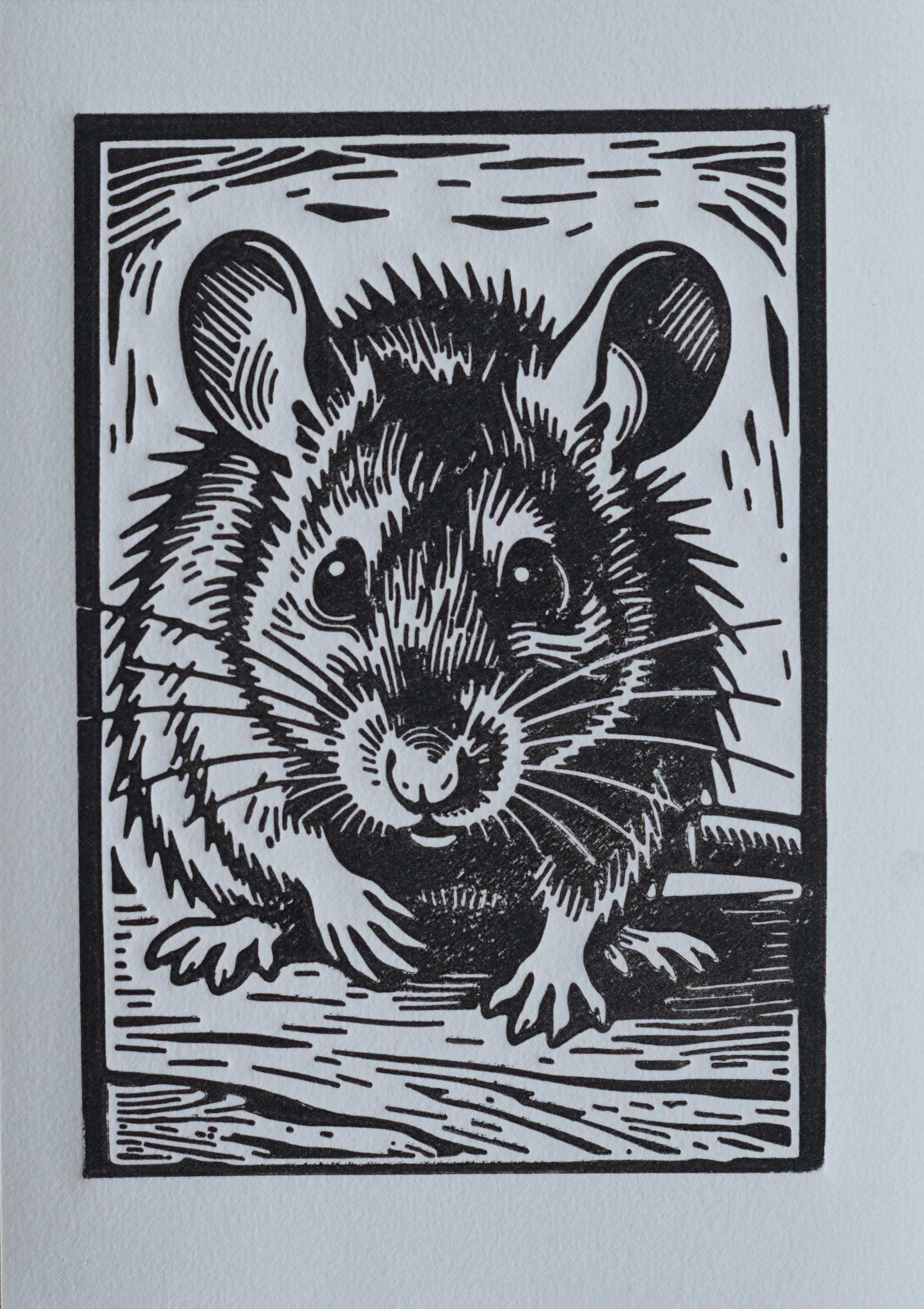 Handmade Mouse Linocut Print linocut wall art — handmade relief print detail showing printmaking process