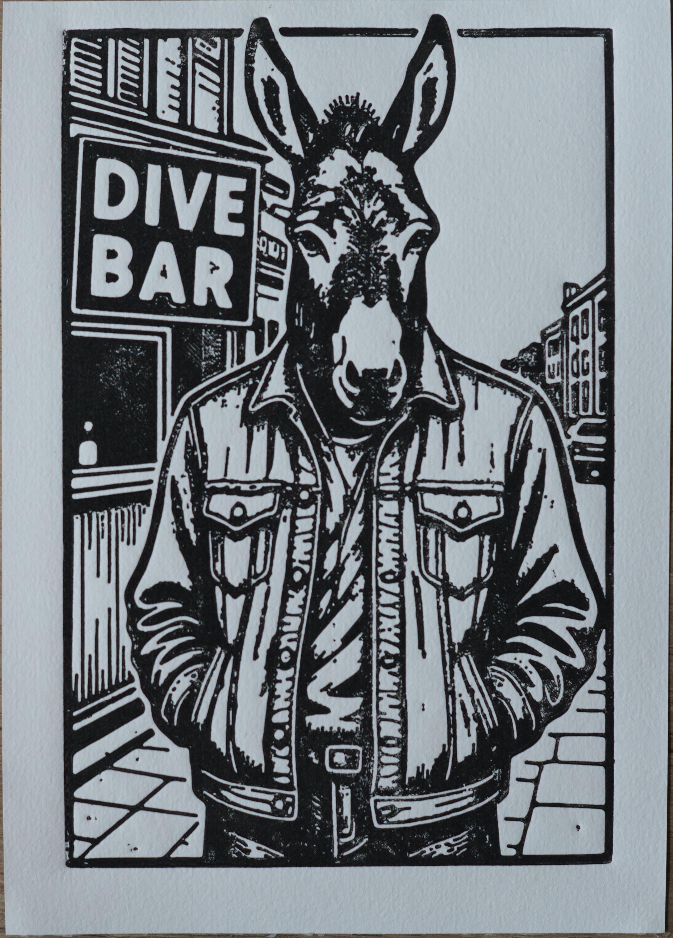 Donkey Dive Bar Linocut Print linocut wall art — handmade relief print detail showing printmaking process