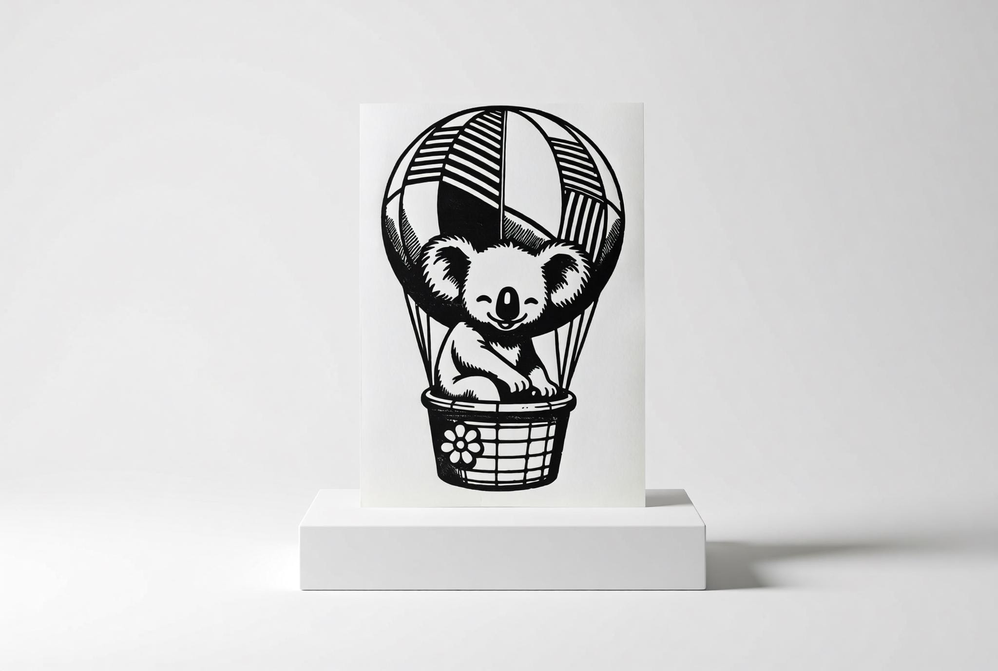 Koala Hot Air Balloon Linocut Print handmade block print on 300gsm watercolor paper A5 size