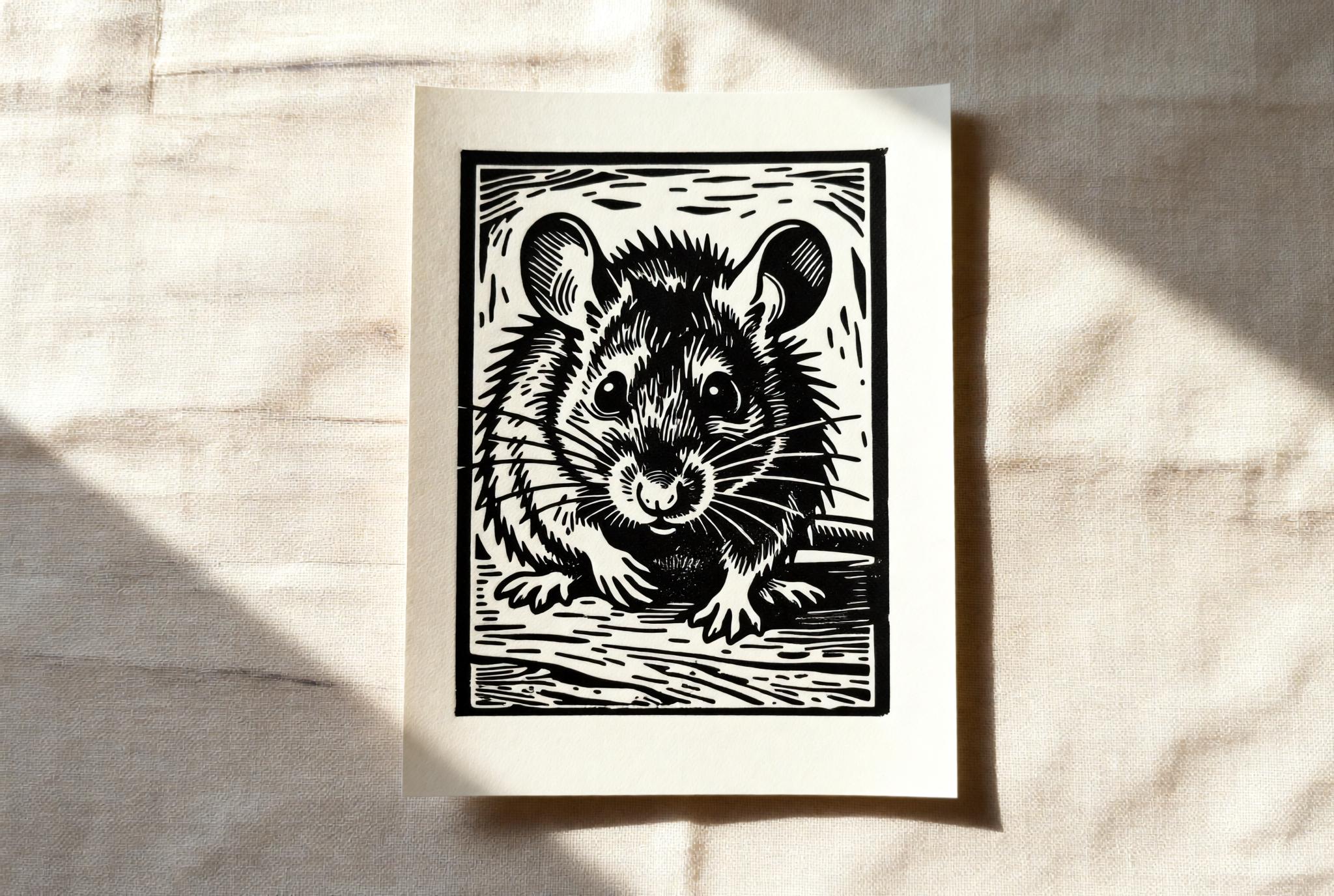 Handmade linocut print of a sweet mouse peeking forward with bright eyes and delicate whiskers in a carved border