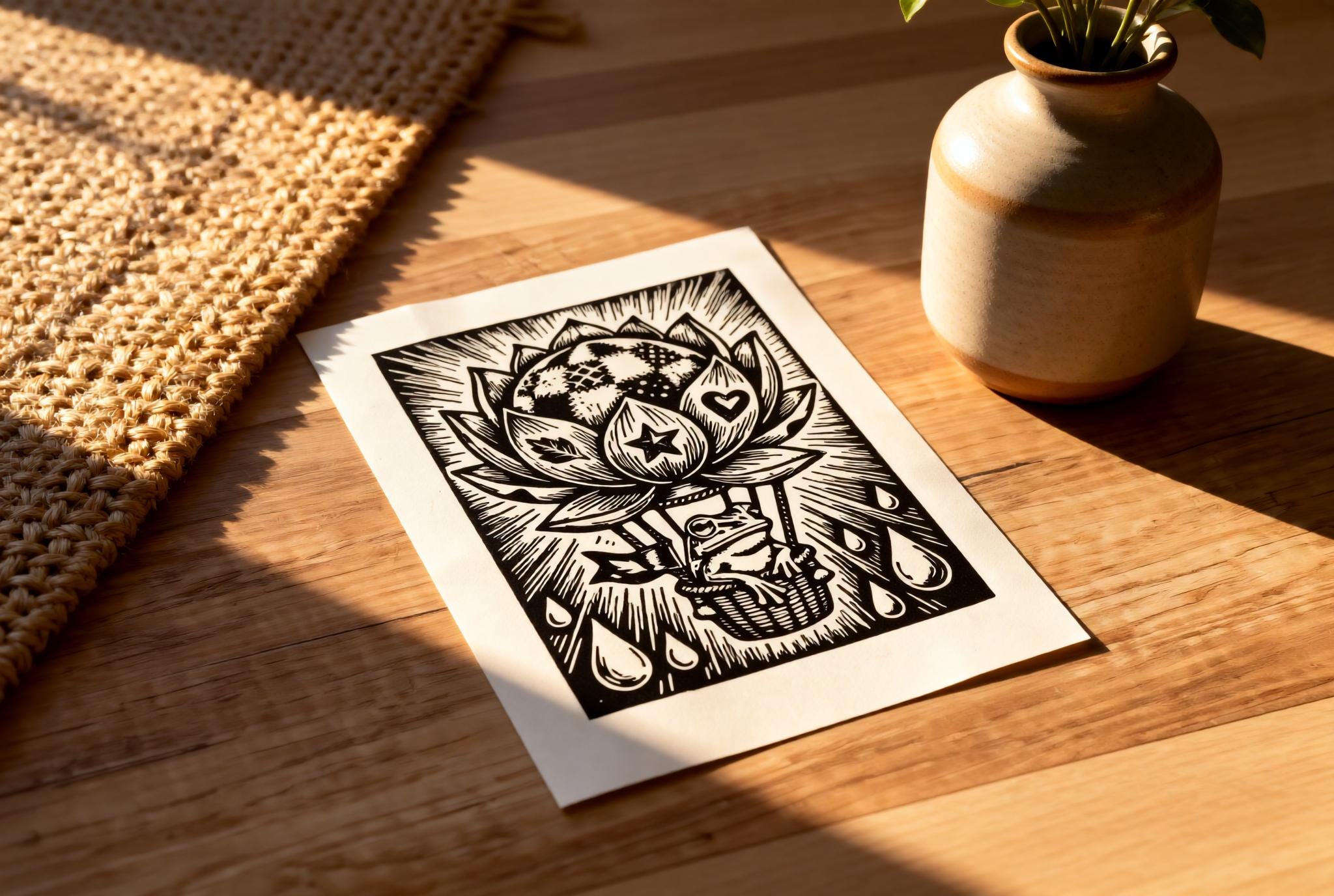 Hand-printed Frog Hot Air Balloon Linocut Print A5 art print — black ink on white cotton paper