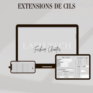 以下が含まれることがあります： まつげエクステの顧客ファイルがデジタル表示されています。「FICHIER CLIENTES EXTENSIONS DE CILS」と「LASH TECH」の文字が表示されています。スマートフォンとタブレットにも顧客情報が表示されています。