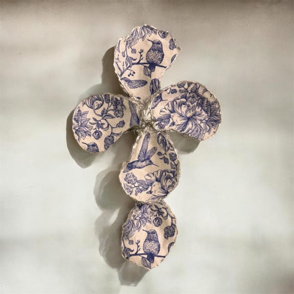 Oyster Shell Cross Trinket Dish/Wall Hanging, Blue Hummingbird Pattern, Jewelry Organizer