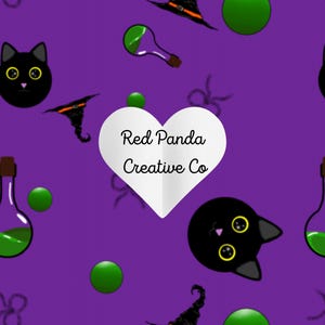 Hand drawn Witch Halloween Seamless Pattern, Black Cat, Potion Bottle (Jpeg Digital Download)