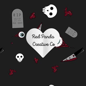 Puede incluir: Un patrón gris oscuro con ilustraciones de dibujos animados de lápidas, calaveras, globos oculares, cuchillos y salpicaduras de sangre. Un corazón blanco con el texto "Red Panda Creative Co" está en el centro.