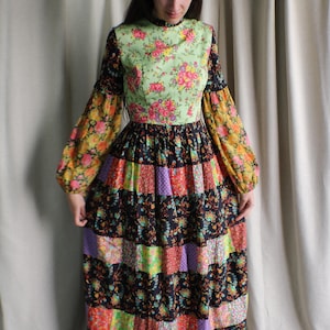 Vintage Patchwork Dress / Mountain Artisans Puff Sleeve Maxi /  Colorful Cotton Dress / Small