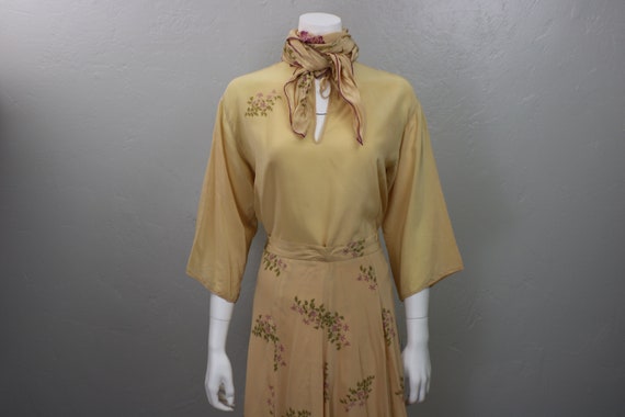 Silk Set / 70's Three Piece Skirt Blouse and Scarf