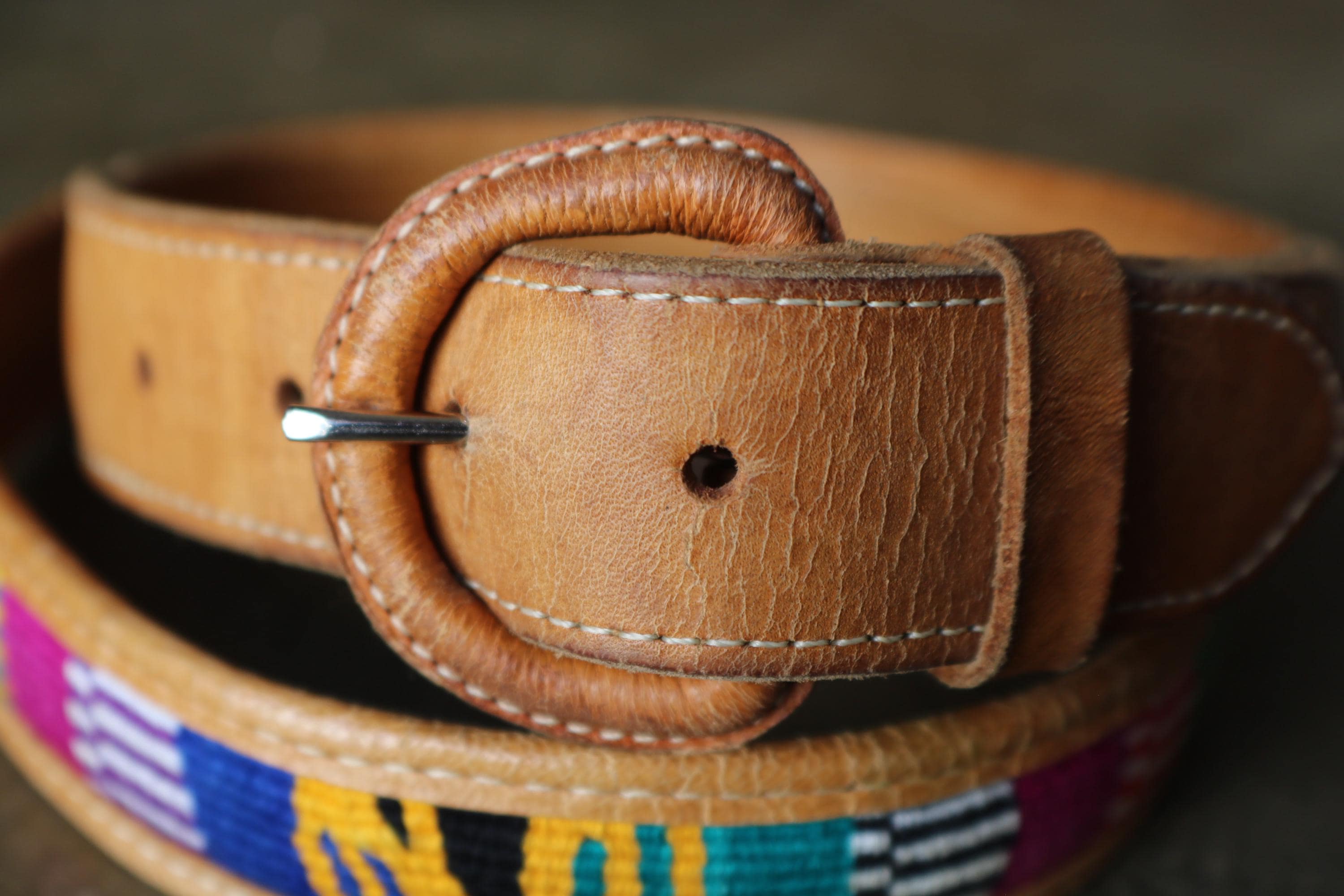 Vintage Southwest Leather Belt With Colorful Woven Fabric-36  display picture 1