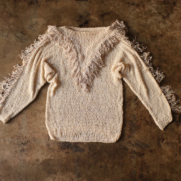 Fringed Sweater / Sand Colored Open Knit Pull Over / Vintage Women's Small to Medium