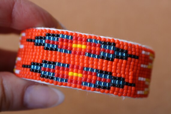 Southwest Beaded Cuff , Wide Orange Beaded Bracel… - image 4