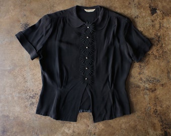 1950's Black Blouse / Rhinestone Button Peter Pan Collar Shirt / Women's Medium