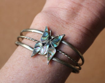 Vintage Butterfly Bracelet / Abalone Inlay Cuff / Boho Jewelry