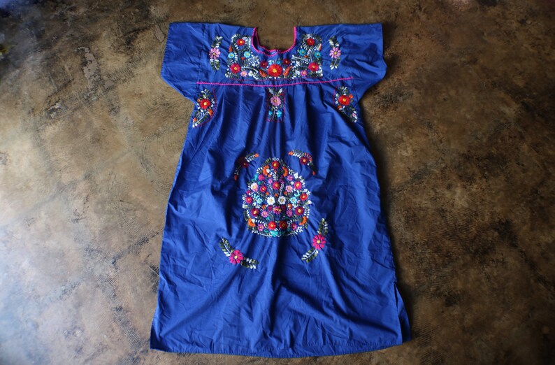 Vintage Embroidered DRESS Bright Blue Shift Dress Floral Embroidered Dress Long Summer Dress Large to Extra Large
