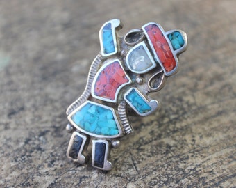 Dancing Kachina RING / Southwestern Statement Jewelry / Vintage Chip Inlay Jewelry