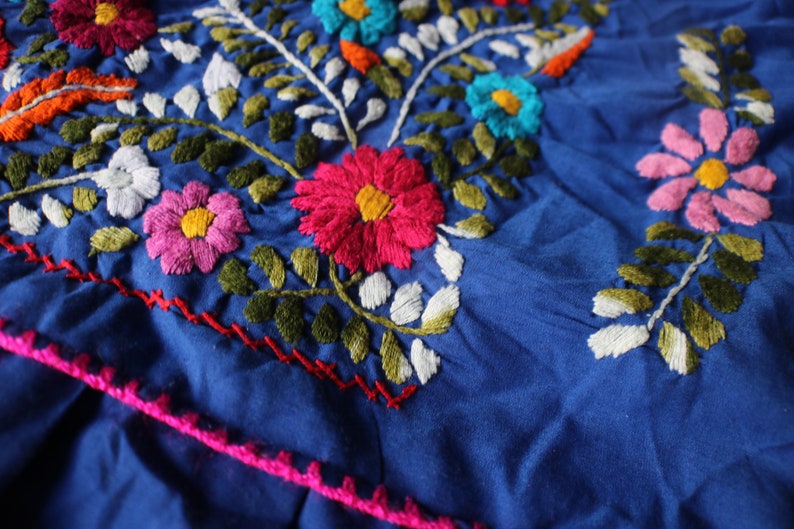 Vintage Embroidered DRESS Bright Blue Shift Dress Floral Embroidered Dress Long Summer Dress Large to Extra Large