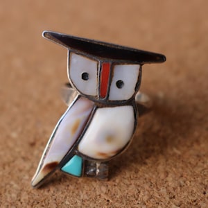 フクロウリング / 南西部の鳥ジュエリー / 南西部のスターリングシルバーストーンインレイリング / サイズ 6 1/2