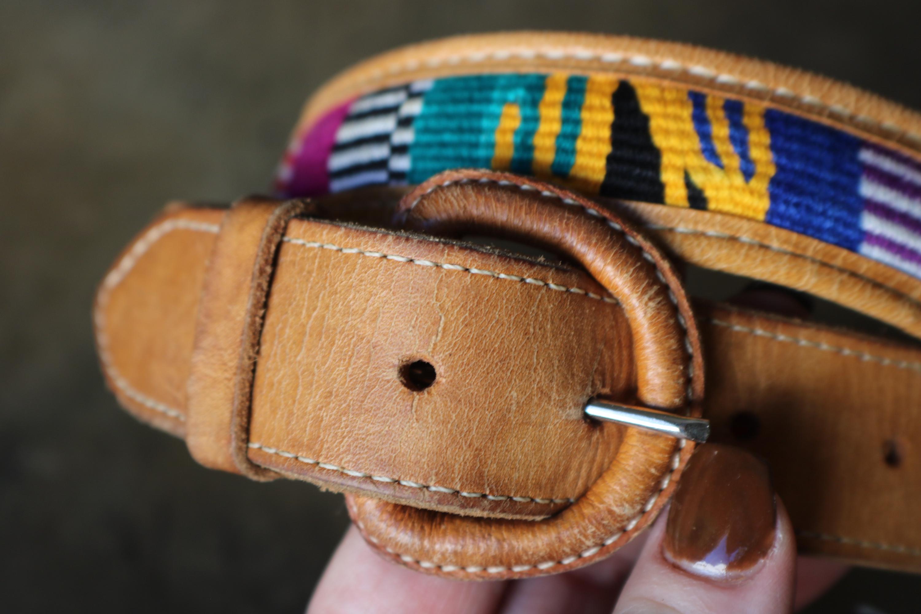 Vintage Southwest Leather Belt With Colorful Woven Fabric-36  display picture 2