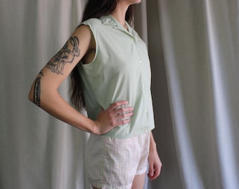 1960's Mint Green Top , Women's Vintage Sleeveless Shirt , Medium