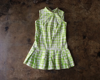 60's Cotton Mini Dress / Sleeveless Green & White Drop Waist Dress / Women's Extra Small