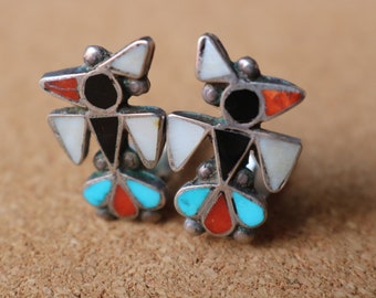 Hopi Bird Earrings , Vintage Sterling Multi Stone Clip On Earrings , Thunderbird Jewelry