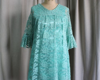 60's Turquoise Dress / Vintage Lace and Satin Mini Dress / Women's Small