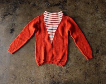 1960's Striped Sweater , Vintage High Neck , Women's Acrylic Orange Sweater