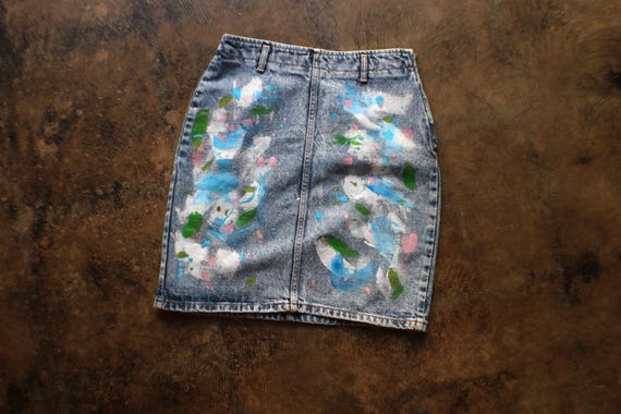 Vintage 80s Acid Wash Denim Mini Skirt, Paint Splatter