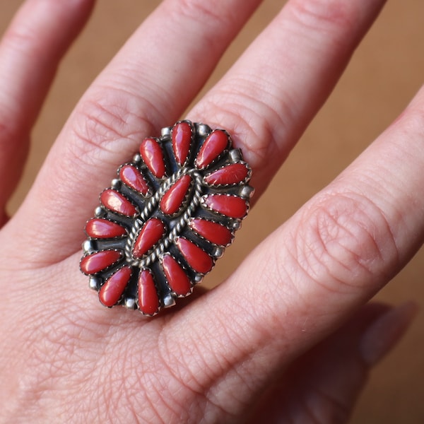 Navajo Cluster Ring / Vintage Imitation Red Coral RING /  Southwest Sterling Jewelry / Size 7 1/2