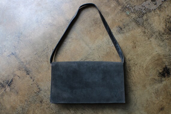 Vintage Black Suede Purse / 60's Long Rectangle L… - image 7