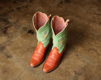 Botas vaqueras para mujer, talla 7 1/2 B, de cuero marrón y verde azulado, estilo western.