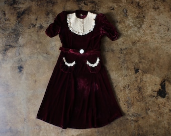 1930's Velvet Dress / Maroon Red Vintage Dress / Women's Small Dress