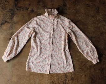 Vintage Floral Shirt , Ruffled Neck 70's Blouse, Women's Top