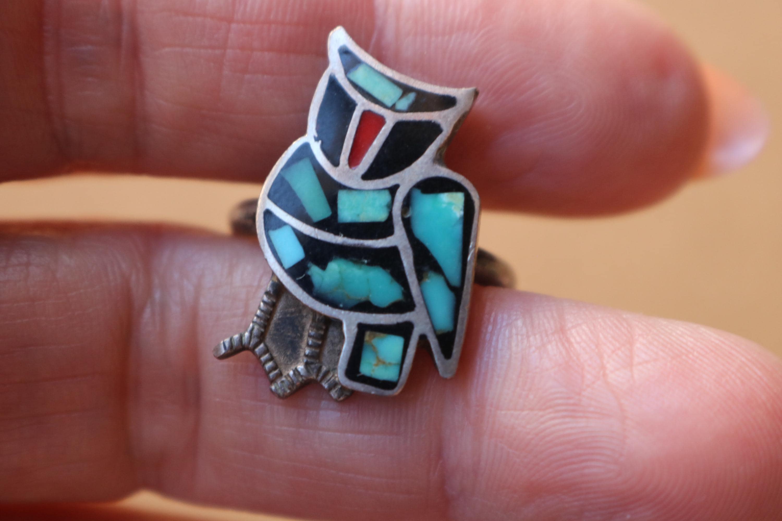 Owl  Ring / Southwest Bird Jewelry / Sterling Silver Turquoise Inlay Ring / Size 7 1/2