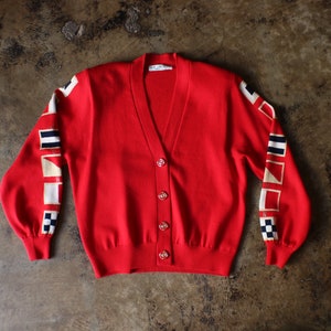 70's Cardigan / Vintage Patterned Acrylic Knit / Women's