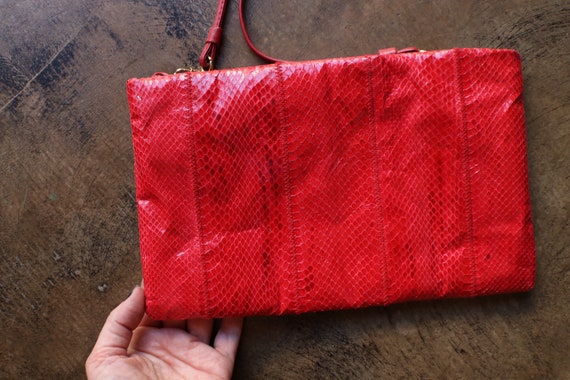 Red Leather Clutch / Vintage 80's Snake Skin Purse - image 3