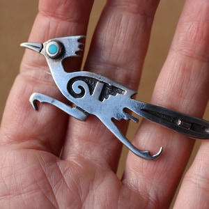 Roadrunner Brooch / Hopi Bird Pin / Vintage Sterling Turquoise Bird Brooch