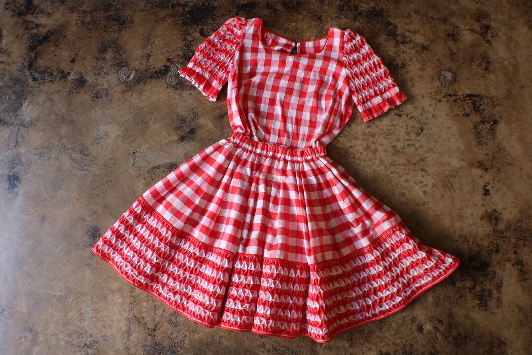 Gingham Vintage Two Piece / Western Matching Set With Smocking / Red