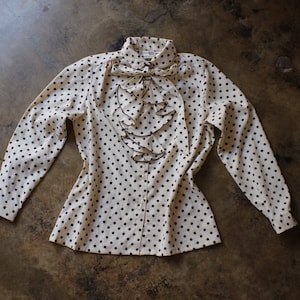 1970&#39;s Ruffled Shirt , Vintage Polka Dot Blouse , Women&#39;s Top with Bow , Medium to Large