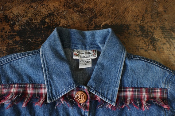 90's Fringed Fabric Denim Jacket / Plaid Denim Ja… - image 4