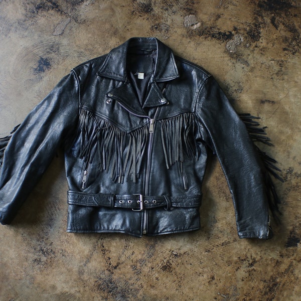 Motorcycle JACKET with FRINGE / Vintage Black Leather Coat / Zippers and Leather Vintage / Women's Medium