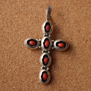 Sterling Cross Pendant / Vintage Navajo Jewelry / Coral Nancy Custer Pendant