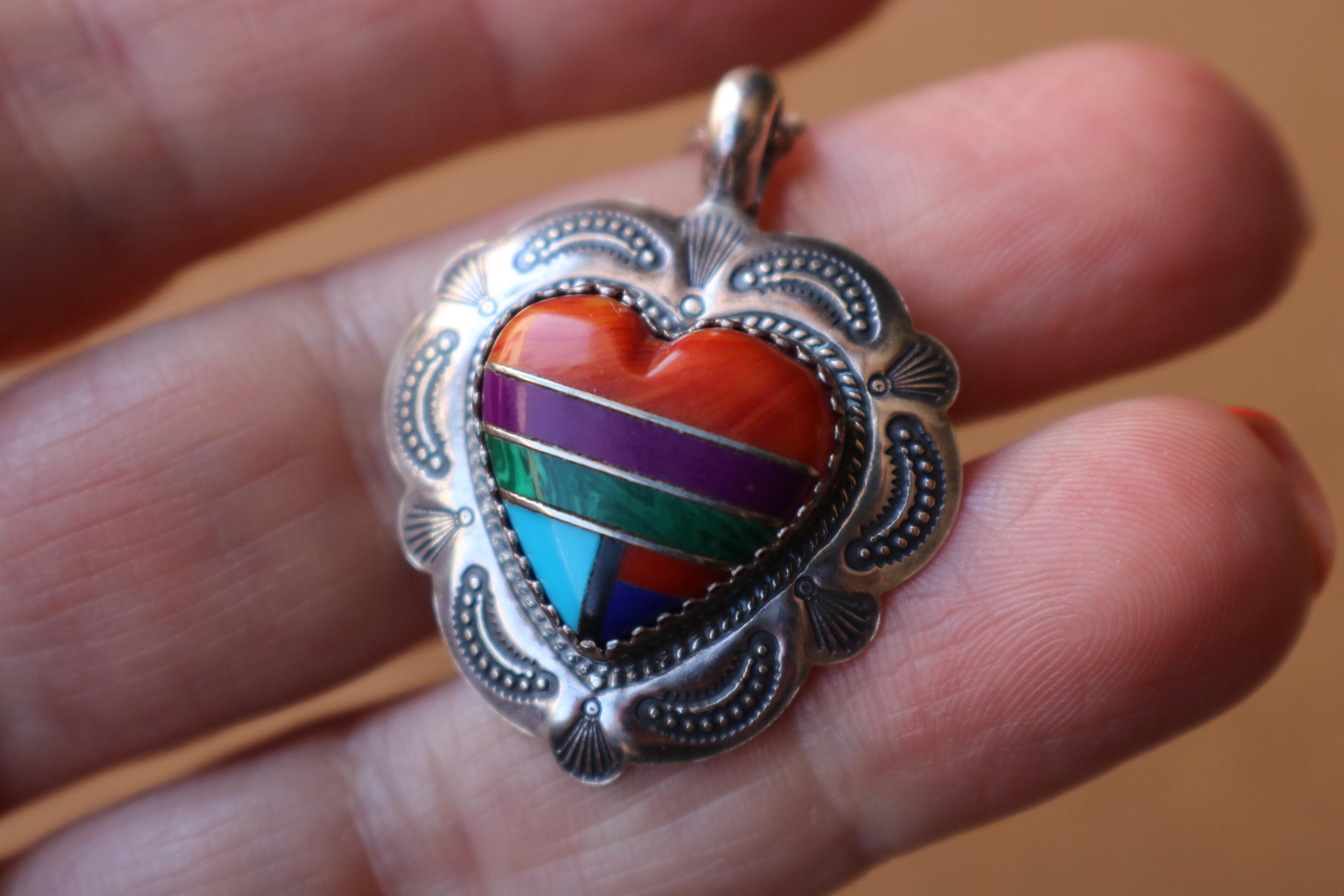 Southwest Heart Necklace / Colorful Sterling Heart Pendant
