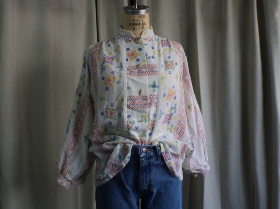 70's Bohemian Top /  Cotton Full Sleeve Shirt / W… - image 2