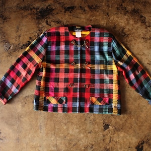 90's Plaid Blazer / Vintage Colorful Cropped Jacket / Women's Large